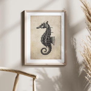 Póster de caballito de mar vintage, decoración de naturaleza náutica, arte mural de caballito de mar, póster vintage del océano