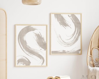 Brush Stroke Print Set of 2, Simple Abstract Poster, Modern Brush Stroke Art Decor, Beige Abstract Wall Art