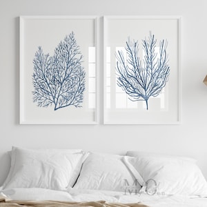 Hamptons Wandkunst, Blaue Koralle Poster, Küsten Wandkunst 2er-Set, Strandhaus Bilder
