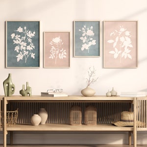 Floral Print Set of 4: Pink & Blue Botanical Wall Art (Digital Download)