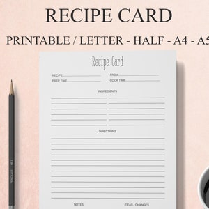 Recipe Card Printable, Recipe Planner Page, Minimalist Recipe Card Template, Recipe Insert Page