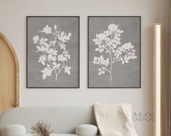 Gray and White Print Set of 2, Floral Botanical Printable Poster, Gray Gallery Wall Art Set, Gray Flower Art Print