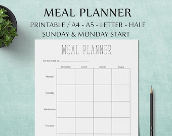 Meal Prep Planner Printable, Food Diary Journal, Weekly Meal Planning, 7 Day Menu Planner, Health & Fitness, A4/A5/Letter/Half Size