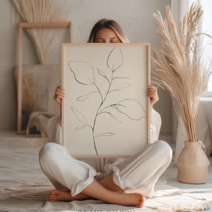 Minimalistische botanische Line Art Print: Beige abstrakte Blumen Poster (Digitaler Download)