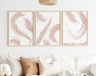 Pink Abstract Wall Art, Brush Stroke Poster, Abstract Modern Shape Print, Pink Brushstroke Art Set of 3