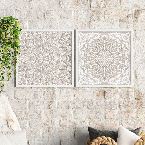 Neutral Mandala Wall Art, Beige Boho Home Decor, Square Mandala Print Set of 2, Bohemian Style Poster