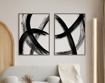 Abstract Modern Gallery Wall Art, Black Brush Stroke Poster, Minimalist Painting Printable Set of 2