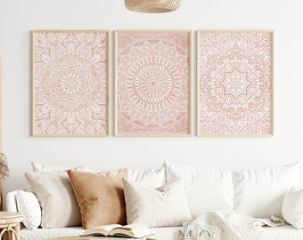Pink Mandala Wall Art, Boho Chic Poster, Geometric Mandala Digital Print, Pink Boho Home Decor