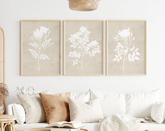 Tan Floral Wall Art, Farmhouse Poster Set of 3, Neutral Floral Prints, Botanical Farmhouse Wall Decor