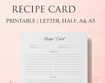 Recipe Card Printable, Recipe Planner Page, Minimalist Recipe Card Template, Recipe Insert Page