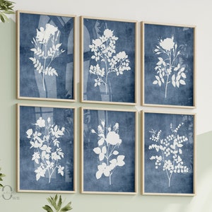 Blue Floral Wall Art, Gallery Wall Print Set of 6, Navy Blue Flower Artwork Wall Decor, Botanical Floral Poster