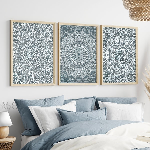 Modern Bohemian Poster, Blue Mandala Art Print, Boho Wall Art Set of 3, Mandala Download Art