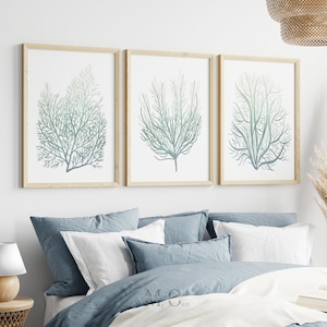 Blauwgroene zeekoraalprintset: badkamermuurkunst kust (digitale download)