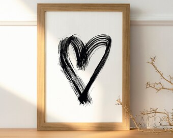 Black Brush Heart Print, Minimalist Art Line Decor, Brushstroke Wall Art Printable, Minimalist Heart Poster