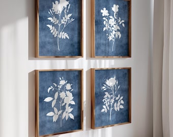 Navy Blue Floral Print Set: Watercolor Botanical Gallery Wall (Digital Download)