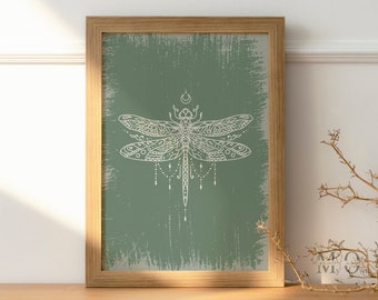 Dragonfly Mandala Poster, Insect Wall Art, Boho Mandala Wall Decor, Dragonfly Print Green