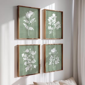 Sage Green Watercolor Art Prints, Flower Poster Set of 4, Olive Green Wall Art, Minimalist Botanical Artwork