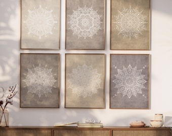 Neutral Mandala Wall Art, Beige Boho Poster Set of 6, Mandala Gallery Wall Print, Boho Yoga Wall Art