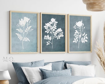 Living Room Prints Blue, Botanical Artwork, Floral Wall Art Decor, Cottage Home Poster