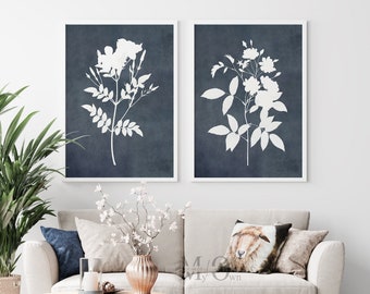 Indigo Blue Watercolor Print, Set of 2 Wall Art Floral, Spring Wildflower Bedroom Wall Decor, Blue Gallery Wall Print