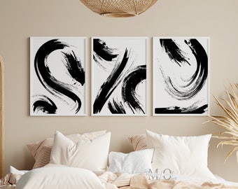 Abstract Black Line Poster, Set of 3 Minimalist Prints, Brush Stroke Wall Art, Modern Abstract Art Print