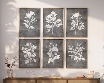 Gray Botanical Home Decor, Rustic Print Set of 6, Dark Gray Flower Printable, Downloadable Art Print