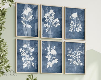 Navy Blue Floral Print Set: Farmhouse Botanical Wall Art (Digital Download)