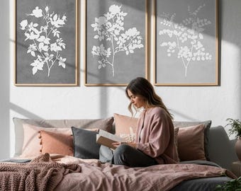 Gray Botanical Wall Art: Contemporary Floral Prints, Scandinavian Gray Decor