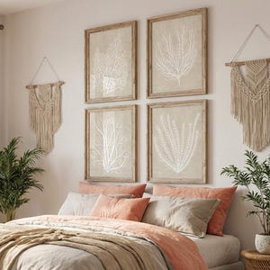 Juego de 4 láminas artísticas en coral beige: decoración costera neutra para el hogar (descarga digital)