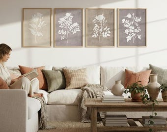 Beige Floral Wall Art Print: Set of 4 Botanical Posters, Printable Neutral Decor