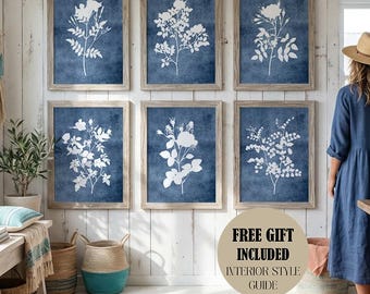 Navy Blue Flower Wall Art: Watercolor Botanical Prints, Modern Coastal Home Decor (Digital Download)
