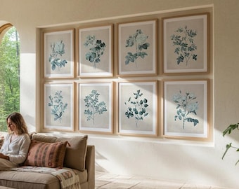 Blue Vintage Floral Wall Art: Farmhouse Botanical Print Set of 8 (Digital Download)