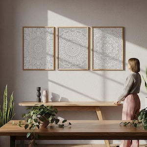 Light Gray Mandala Wall Art Set of 3: Minimalist Zen Posters, Meditation Prints