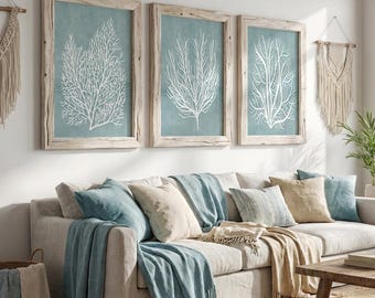 Hamptons muurkunstprints: blauwe kustposter set van 3, decor strandhuis
