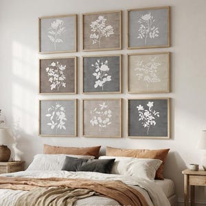 Quadratisches Blumenmuster Set von 9: Neutrales Bauernhaus Poster, botanische Galerie Wandkunst
