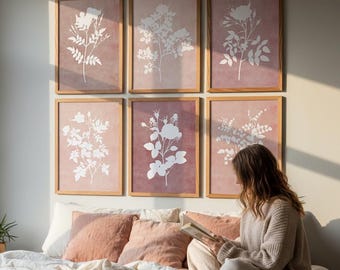 Mauve bloemen muurkunst set van 6: roze botanische prints voor slaapkamerdecoratie