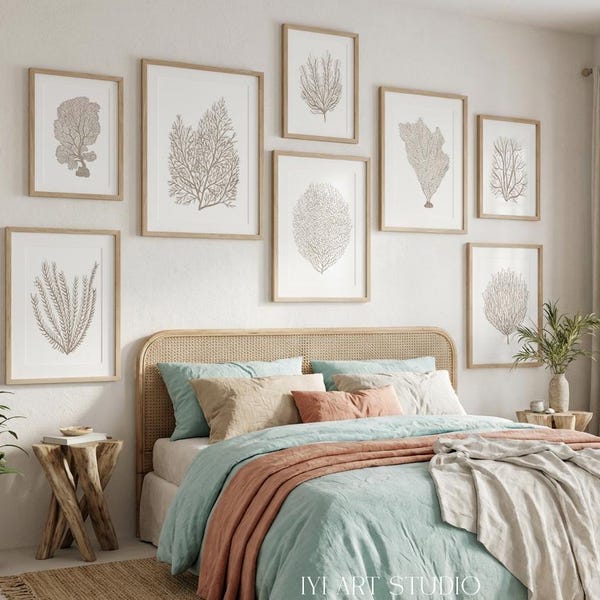 Neutral Sea Coral Prints: Küstenwandkunst-Set von 8, Beige Strand-Galeriewand