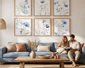 Square Botanical Art Print Blue: Minimalist Wildflower Poster, Floral Wall Art Set of 6