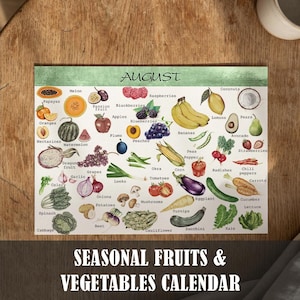 May include: A seasonal fruits and vegetables calendar for August, featuring illustrations of various produce like bananas, apples, and radishes. The calendar includes the text "SEASONAL FRUITS & VEGETABLES CALENDAR" and "12 PRINTABLE PAGES."