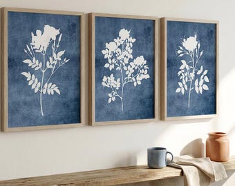 Navy Blue Floral Print Set of 3: Modern Botanical Wall Art for Instant Download