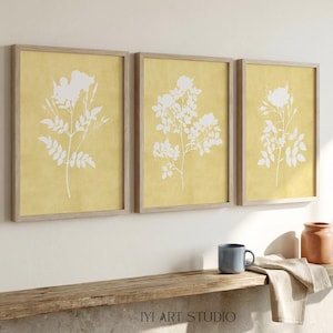 Art mural fleur jaune imprimable : lot de 3 affiches pastel de la chambre à coucher, oeuvre jaunâtre