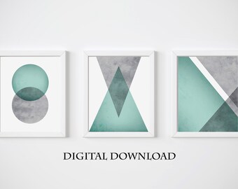 Set of 2 printable abstract art prints in teal aqua turquoise silver Downloadable geometric Hexagonal wall art Poster downloads High res A1