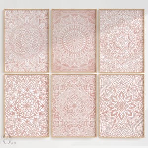 Pink Boho Mandala Wall Art, Meditation Art Work, Bohemian Poster Set of 6, Spiritual Print Pink