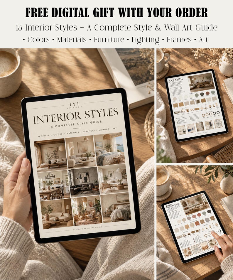 May include: A digital interior design guide displayed on a tablet screen, titled Interior Styles: A Complete Style Guide. The guide features a grid of nine interior room photographs, with additional pages showing Japandi and Warm Minimalism themes.