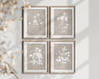 Beige Blumenposter 4er-Set, Kunstdruck im rustikalen Stil, neutrale Blumen zum Ausdrucken, rustikale Wandkunst mit Blumenmuster