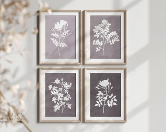 Purple Flower Wall Art, Lavender Botanical Poster, Rustic Flower Print Set of 4, Purple Botanical Gallery Wall