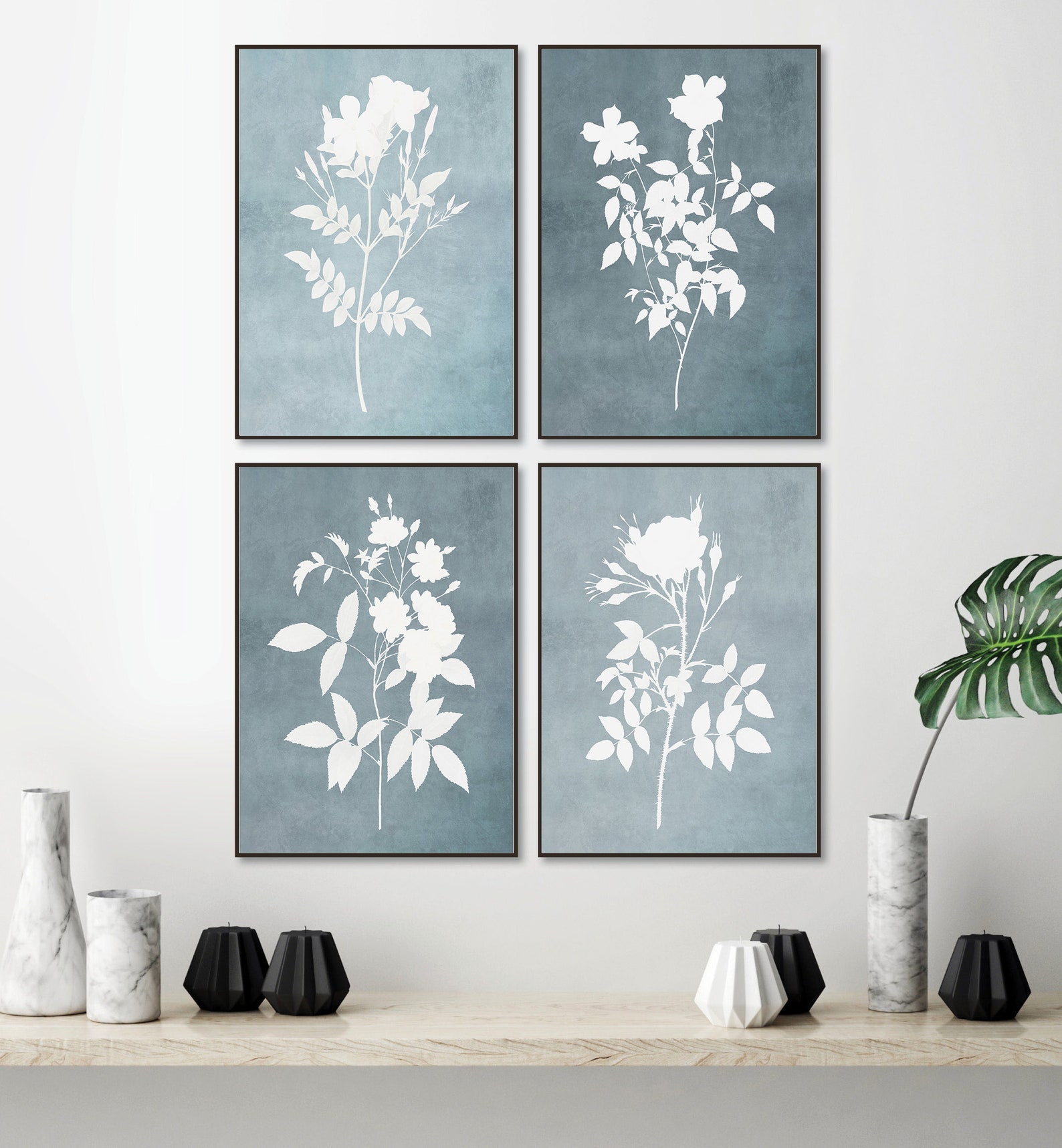 Blue Flower Prints Set of 4 Wall Art Botanical Printable Etsy