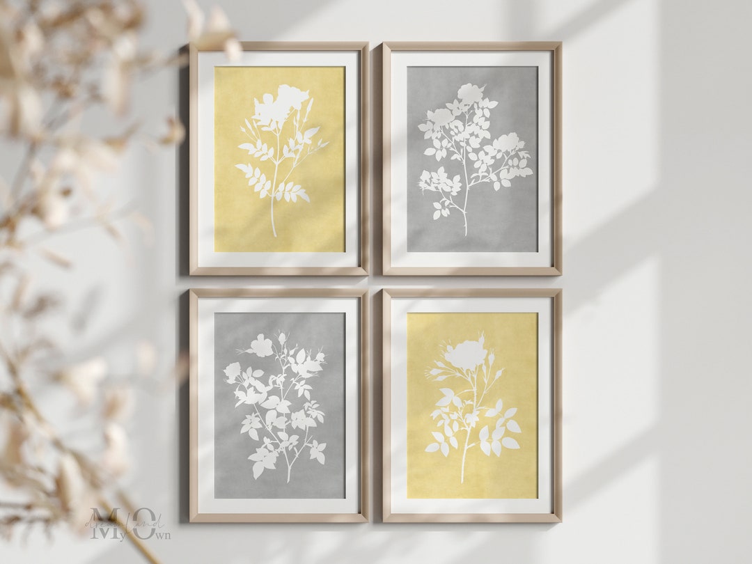Yellow Gray Wall Art, Floral Watercolor Poster, Set of 4 Printable ...