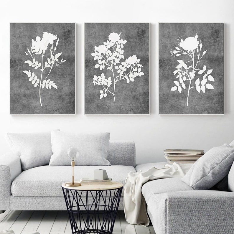 Gray Floral Print Set of 3 Wall Art Floral Printable Bedroom Etsy