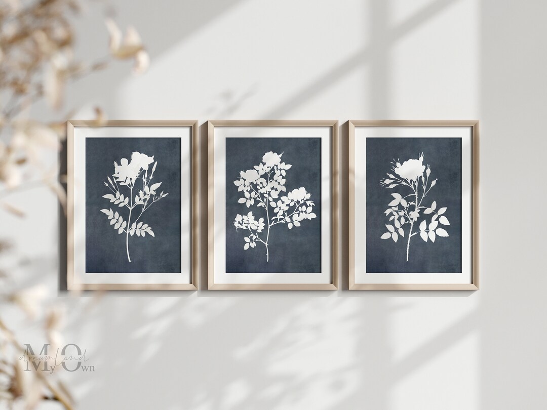 Dark Blue Botanical Print, Set of 3 Floral Printable, Botanical Wall ...